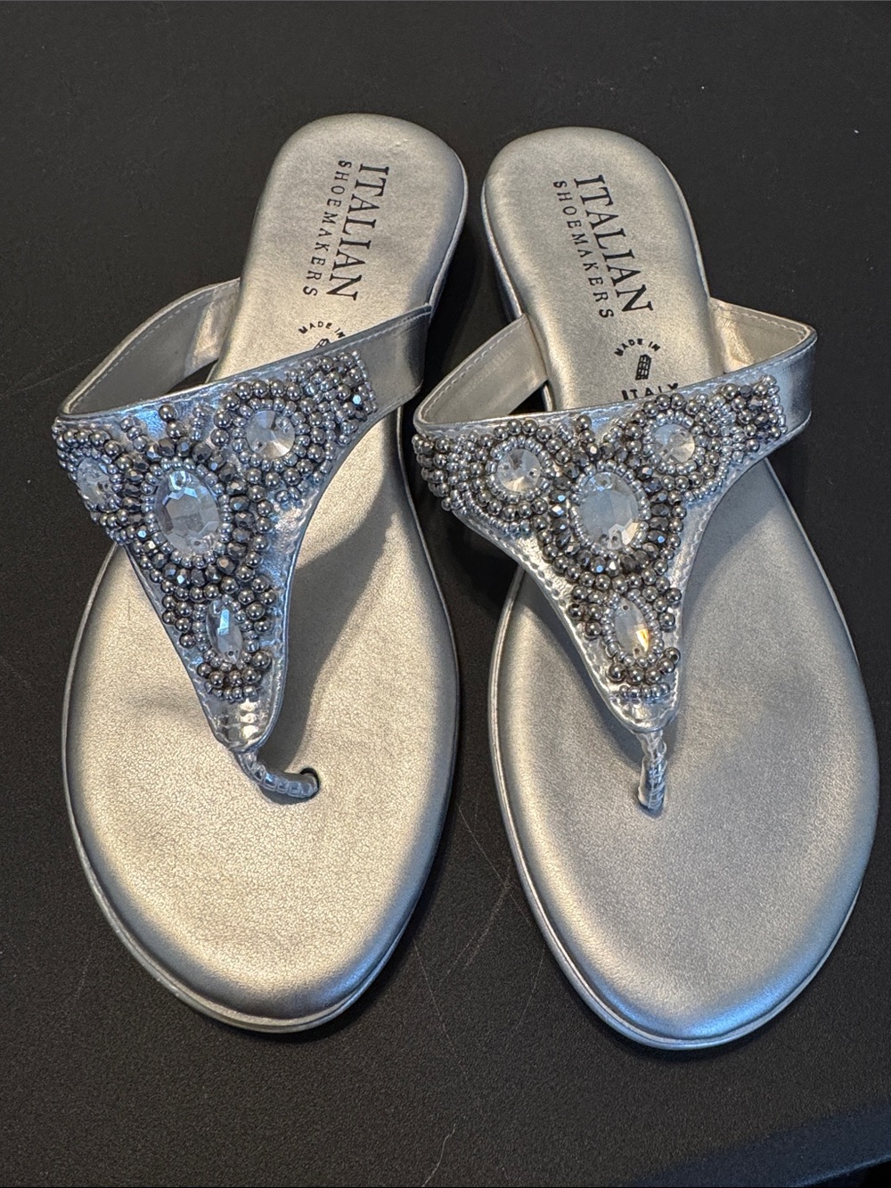 Italian Shoemakers Silver Jeweled Thong Sandals